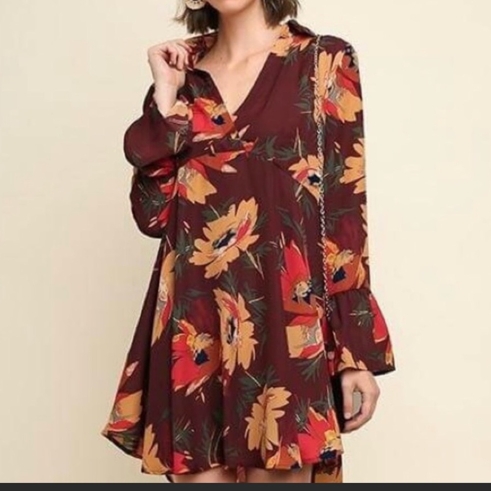 Umgee Wine Colored Floral Print Collared Dress